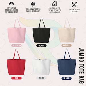 Op de afbeelding: Zes jumbo-tasjes in verschillende kleuren: lichtroze, zwart, naturel, rood, wit en marineblauw. De tassen zijn gemaakt van 100% zwaar katoenen canvas en hebben een 23 inch brede, geweven canvas handvat met een val van 10 inch. De tassen meten 20 inch breed, 15 inch hoog en hebben een 5 inch diepe bodemvouw.