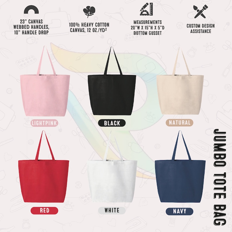 Op de afbeelding: Zes jumbo-tasjes in verschillende kleuren: lichtroze, zwart, naturel, rood, wit en marineblauw. De tassen zijn gemaakt van 100% zwaar katoenen canvas en hebben een 23 inch brede, geweven canvas handvat met een val van 10 inch. De tassen meten 20 inch breed, 15 inch hoog en hebben een 5 inch diepe bodemvouw.