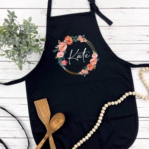 Customized Floral Apron, Personalized Apron, Cooking Birthday Gift, Apron With Pocket, Custom Name Apron, Kitchen Accessories, Flower Apron