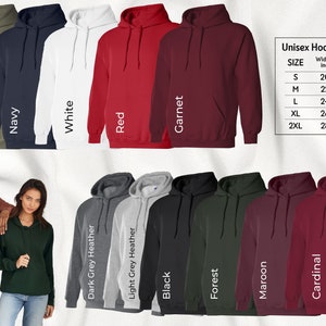 May include: Unisex hooded sweatshirts in a variety of colors, including military green, navy, white, red, garnet, dark grey heather, light grey heather, black, forest, maroon, and cardinal. A size chart is included with width and length measurements in inches.