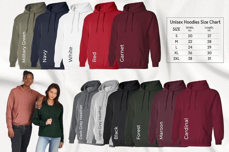 May include: Unisex hooded sweatshirts in a variety of colors, including military green, navy, white, red, garnet, dark grey heather, light grey heather, black, forest, maroon, and cardinal. A size chart is included with width and length measurements in inches.