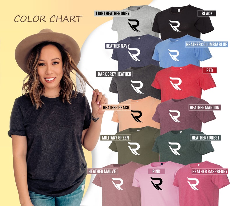 May include: Color chart showing 12 different t-shirt colors with a white stylized letter 'R' on each shirt. The colors are: light heather grey, black, heather navy, heather columbia blue, red, dark grey heather, heather peach, heather maroon, military green, heather forest, heather mauve, pink, and heather raspberry.