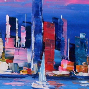 May include: An abstract painting of a cityscape with a sailboat. Buildings are rendered in red, blue, and pink against a dark blue sky. The artwork has a textured, impressionistic style, with visible brushstrokes.