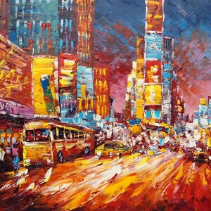 SCHOOL Bus In TIME SQUARE-K.Sing-5017-Home Decor Holiday Artwork Texture Painting Dining Wall Art
