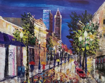Night Dauphin Street, Mobile AL-K.Sing-6046-Home Decor Holiday Artwork Texture Painting Dining Wall Art