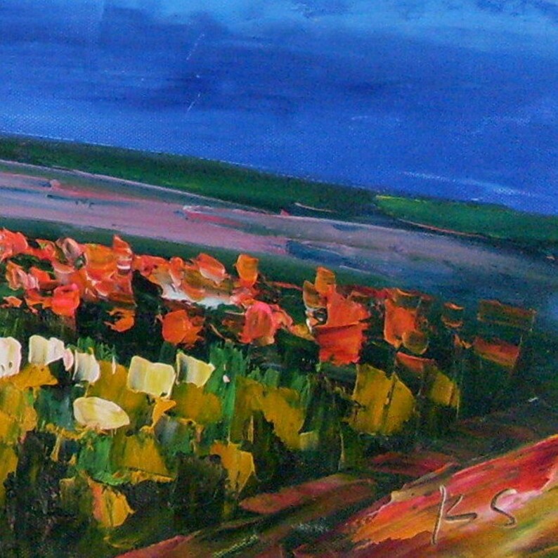 May include: Impressionistic oil painting depicting a landscape with a vivid blue sky. The foreground shows a field of orange, yellow, and white flowers. A green field and a road are in the mid-ground. The artist's signature is in the bottom right.
