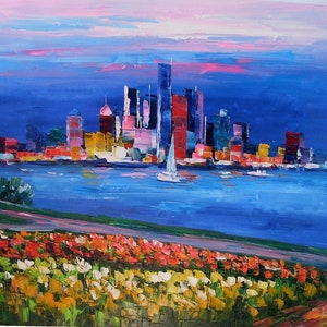 Downtown DETROIT From Windsor, MI-K.SING-3175-Home Decor Holiday Artwork Texture Painting Dining Wall Art