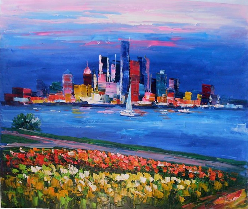May include: An oil painting of a cityscape at dusk. Skyscrapers in red, pink, and yellow stand against the horizon. A sailboat sails on the blue water. A foreground of colourful flowers and a path add depth to the artwork.