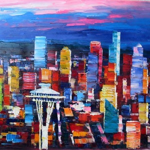 Downtown Seattle-K.SING-3318-Home Decor Holiday Artwork Texture Painting Dining Wall Art