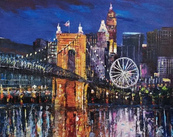 Night Roebling Suspension Bridge, Ohio Cincinnati-K.Sing-6055-Home Decor Holiday Artwork Texture Painting Dining Wall Art