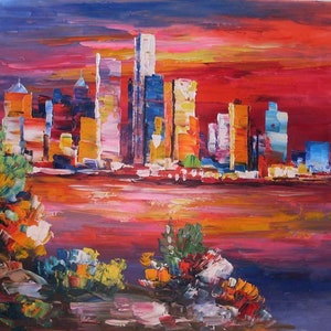 GM Tower Detroit From Windsor, MI-K.SING-3225-Home Decor Holiday Artwork Texture Painting Dining Wall Art