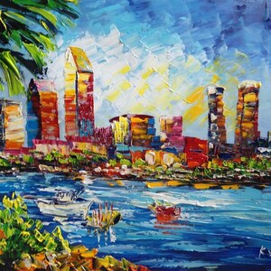 San DIEGO Skyline View From Sea, California-K.Sing-5103-Home Decor Holiday Artwork Texture Painting Dining Wall Art