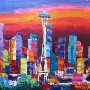 Skyscapers Seattle-K.Sing-3386-Home Decor Holiday Artwork Texture Painting Dining Wall Art