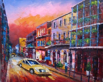 Driving in French Quarter, New Orleans LA-K.Sing-3394-Home Decor Holiday Artwork Texture Painting Dining Wall Art