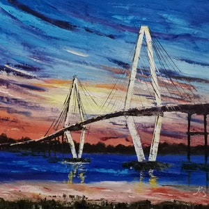 Arthur Ravenel Bridge Charleston SC-K.Sing-6079-Home Decor Holiday Artwork Texture Painting Dining Wall Art