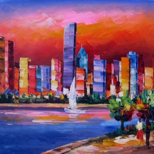 Downtown CHICAGO ,IL-K.SING-3228-Home Decor Holiday Artwork Texture Painting Dining Wall Art