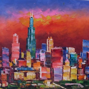 CHICAGO SKYLINE-K.SING-3236-Home Decor Holiday Artwork Texture Painting Dining Wall Art
