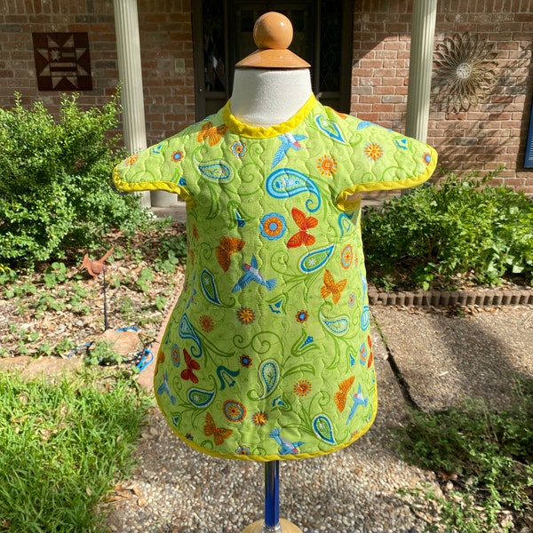 Baby Bib - Orange Butterflies/Flowers on Green - Yellow Trim