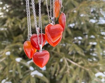 Red Carnelian Stone Crystal Charm Necklace, Heart shaped necklace made of genuine Carnelian Crystal, Silver birthstone necklace