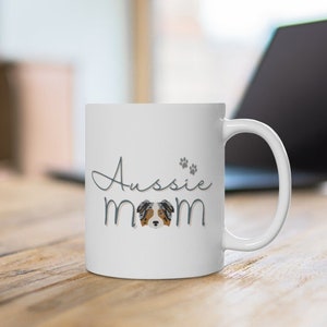 Aussie Mom Australian Shepherd Coffee Mug, Aussie Shepherd 11oz or 15oz Ceramic Mug Gift for Her, Aussie Mom Gift Dog Lover Blue Merle