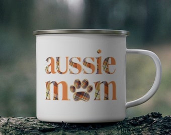 Aussie Mom Enamel Coffee Mug, Australian Shepherd Plaid Mug, Aussie Mum Mug, Aussie Shepherd Cup, Mother’s Day Gift For Aussie Dog Lover