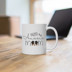 Mini Aussie Mom Australian Shepherd Coffee Mug, Black Tri Miniature Aussie Shepherd 11oz or 15oz Ceramic Mug Gift for Her, Aussie Dog Lover