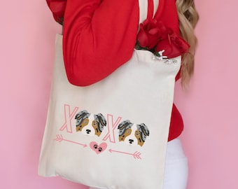 Australian Shepherd Valentine's Day XoXo Cotton Tote Bag, Blue Merle Aussie Shepherd Gift For Her, Aussie Mom Gift, Aussie Love Dog Mama Bag