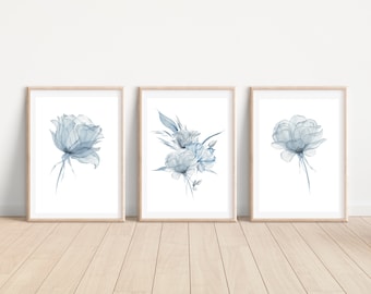 Hamptons Poster Print Hamptons Wall Art Ice Blue Roses Floral Leaf Flower Prints Plant Print Floral Home Decor Printable Set of 3