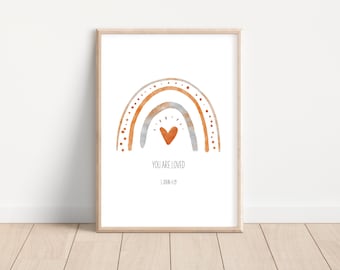 Rainbow Scripture Print: You Are Loved, Boho Nursery Decor (Digital Download)