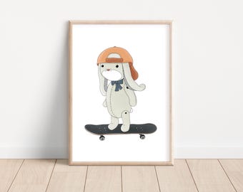 Skateboard Bunny Boho Woodland Scandi Print, Neutral Kids Nursery Baby Wall Art Decor, Poster Prints, Printable Download