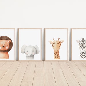 Set 3 or 4 Set or Individual Safari Zoo Animal Prints, Lion Zebra Elephant Giraffe Wall Art, Nursery Baby Kids Boho Scandi