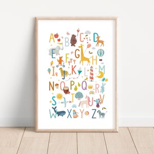 Alphabet Poster Print ABC Poster Animals Poster Colourful Animals Neutral Coloured Print Kids Nursery Wall Art Decor, Printable