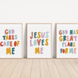 Christian Bible Poster Kids Jesus Loves Me Christian Bible Scripture Modern Wall Art Nursery Poster Print Baby Kids Boho Set of 3 Posters