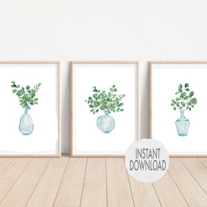 Conjunto de hojas de eucalipto en estampados de hojas de jarrón, estampado de plantas, decoración floral del hogar, arte de la pared de la granja, impresiones de carteles, descarga imprimible