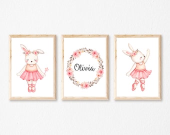 Set of 3  Personalised Boho Ballet Ballerina Bunny Rabbit Watercolour Prints Wall Art, Nursery Baby Art Decor