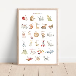 A to Z Alphabet Animals Watercolour Print, ABC Neutral Kids Nursery Baby Wall Art Decor, Woodland Boho Scandi Poster Printable