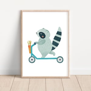 Mapache en scooter Woodland Scandi Print, Neutral Kids Nursery Baby Wall Art Decor, Impresiones de carteles