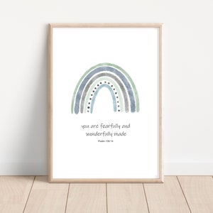 You Are Fearfully and Wonderfully Made Rainbow Blue, Neutral Scripture Christian Wall Art Bible Verse, Boho Kids Nursery Printable