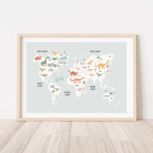 Impresión del mapa del mundo de dinosaurios Dino: 2 colores incluidos, mapas azules y blancos, decoración de pared moderna bohemia escandinava para niños, descarga imprimible