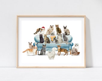 Gatti su un divano Stampa ad acquerello per lavanderia da cucina - Decorazione per gatti domestici, stampe, poster da parete con gattini