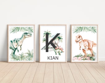 Set of 3 Dinosaur Dino Personalised Name, Safari Jungle Prints, Wall Art Nursery Kids Prints