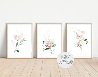 Różowe róże Blush Leaf Flower Prints, Nadmorskie, Roślina botaniczna, Kwiatowy wystrój domu, Sztuka ścienna, Plakaty, Zestaw 3, Do wydrukowania Pobierz