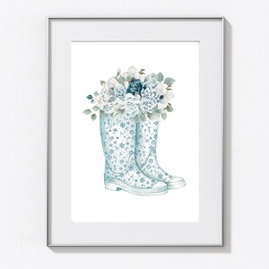 Hamptons Floral Blue Flower Gum Boots Gardening Print, Home Decor, Wall Art, Kitchen Laundry Poster Prints image 2