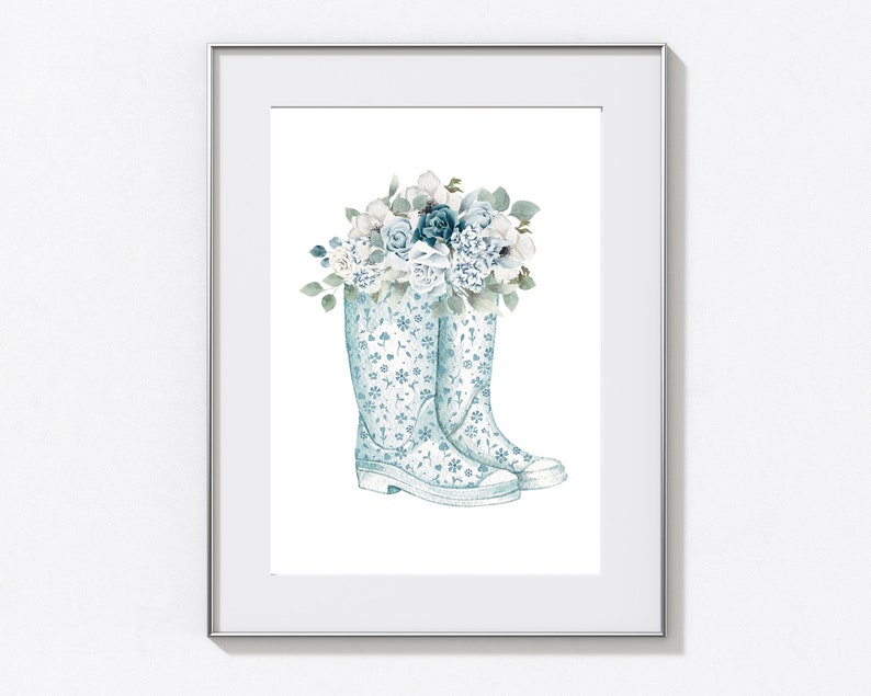 Hamptons Floral Blue Flower Gum Boots Gardening Print, Home Decor, Wall Art, Kitchen Laundry Poster Prints image 2