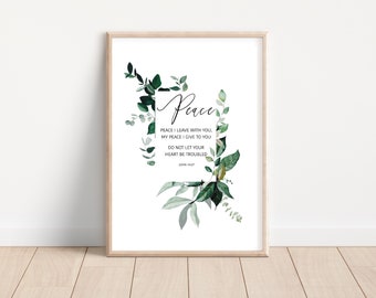 Peace Wall Art Christian Poster John 14:27 Greenery Print Watercolour Scripture Christian Bible Verse Wall Art Poster Printable