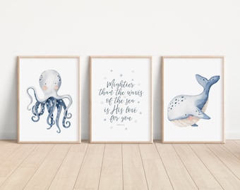 Set of 3 Mightier than the Waves, Octopus, Whale, Psalm Watercolour Nautical Prints, Scripture Christian  Kids Wall Art Printable
