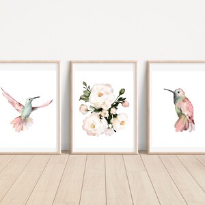 Flowers Poster Prints Pink Roses Wall Art Birds Pink Cream Watercolour, Home Decor Girls Nursery Wall Art Set of 3, Printable
