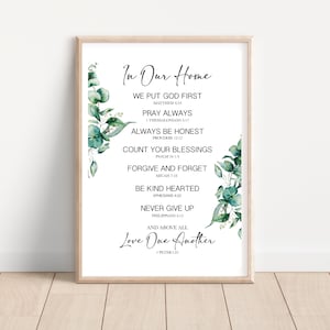 In Our Home Family Values Affirmation Botanische Schrift christelijk bijbelvers Wall Art Print, woondecoratie afdrukbare poster downloaden