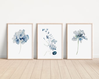 Hamptons Provincial Watercolor Poster, Hydrangea Blue Floral Flower Prints, Modern Coastal Home Decor Wall Art, Set of 3 Printable Download