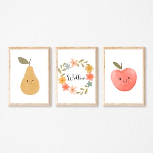 Set of 3 Happy Fruits Pear Apple Personalised Wreath Prints, Wall Art Nursery Modern Boho Kids Prints